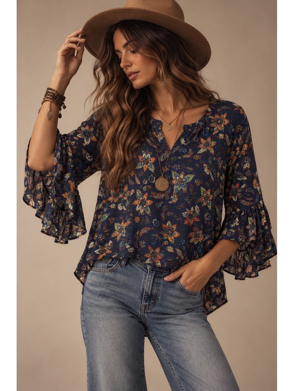 Paisley Floral Peasant Blouse Navy Bell Sleeve Boho Tie Back Womens Medium Flowy